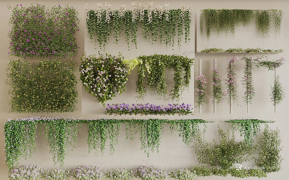 Various Types of Decorative Vines With Green Leaves Purple White Flowers For Wall Decoration 3d model 