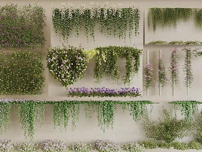Various Types of Decorative Vines With Green Leaves Purple White Flowers For Wall Decoration 3d model