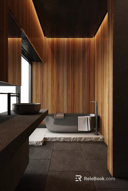 Modern Bathroom Interior Design With Wooden Walls Black Basin Bathtub And Stone Countertop 3d model 