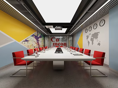Modern Conference Room Interior With Long Table Red Chairs World Map And Clocks 3d model