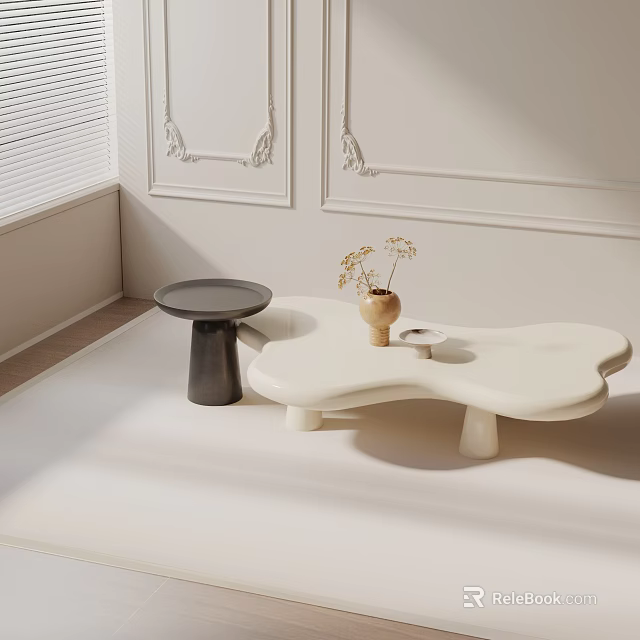 Modern Sofa Coffee Table Set With Irregular White Table Black Cylindrical Side Table And Vase 3d model 