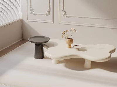 Modern Sofa Coffee Table Set With Irregular White Table Black Cylindrical Side Table And Vase 3d model