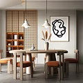 Modern Restaurant Interior With Wooden Dining Table Orange Seats Pendant Lights And Decorative Art