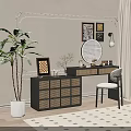 Stylish Rattan Dressing Table Interior with Round Mirror Chair Decorative Paintings and Potted Plant