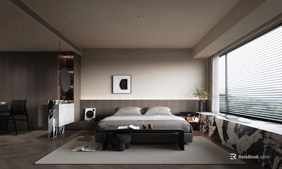 Modern Bedroom Interior With Large Bed Wall Art Window Blinds Area Rug And Bedside Bench 3d model 