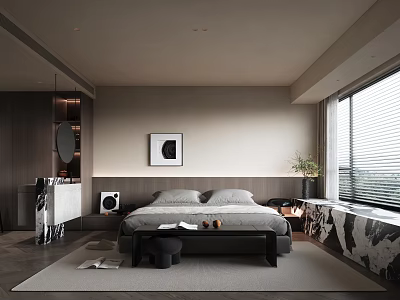 Modern Bedroom Interior With Large Bed Wall Art Window Blinds Area Rug And Bedside Bench 3d model