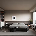 Modern Bedroom Interior With Large Bed Wall Art Window Blinds Area Rug And Bedside Bench