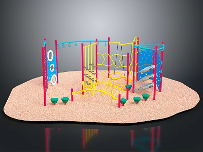 Colorful Kids Playground Climbing Structure With Net Panels And Sand Area 3d model