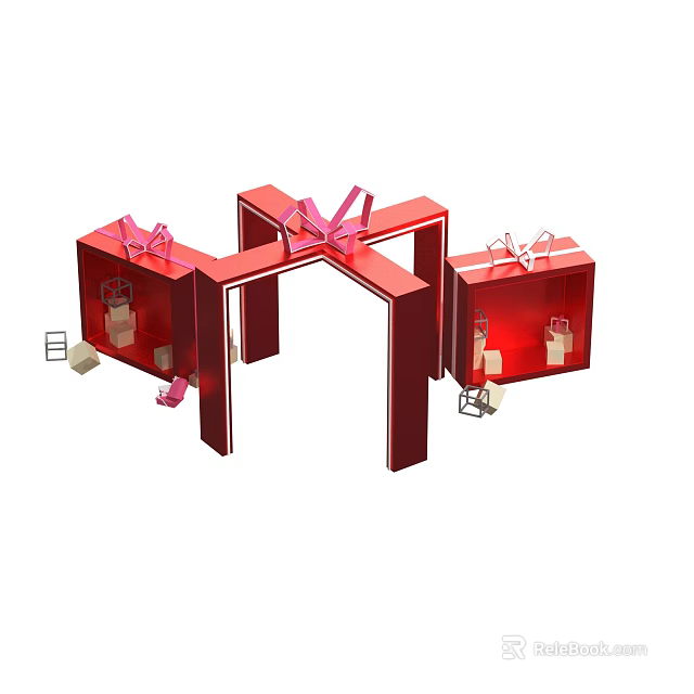 Red Gift Box Display Structure With Bows And Small Furniture Items 3d model 