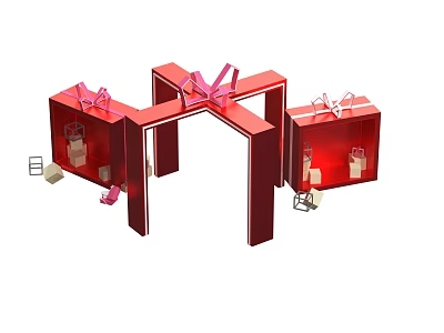 Red Gift Box Display Structure With Bows And Small Furniture Items 3d model