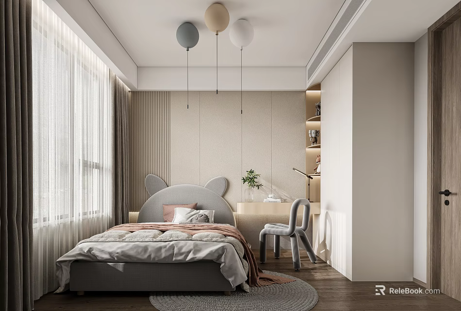 Cozy Kids Bedroom Interior With Cat Ear Headboard Hanging Ball Lamps Curtains Desk Chair And Rug 3d model 
