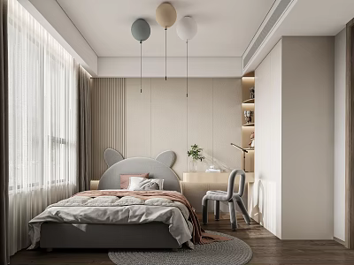 Cozy Kids Bedroom Interior With Cat Ear Headboard Hanging Ball Lamps Curtains Desk Chair And Rug 3d model