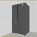 Modern Gray Double Door Refrigerator In White Room With Tiled Floor And Label