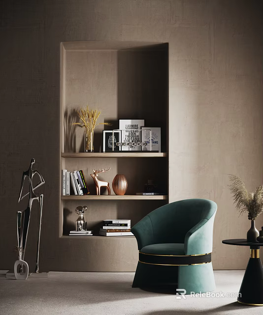 Teal Armchair in Modern Interior with Shelves Books Dried Plants and Decorative Items 3d model 