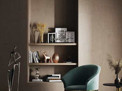 Teal Armchair in Modern Interior with Shelves Books Dried Plants and Decorative Items 3d model