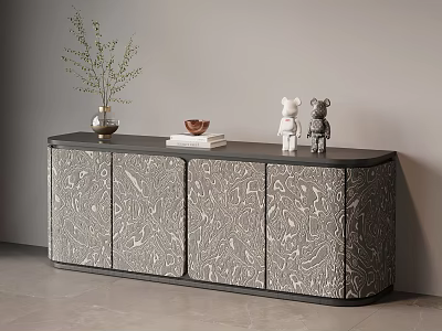 Sleek Console Cabinet With Decorative Pattern Vase Plant Books And Figurines 3d model