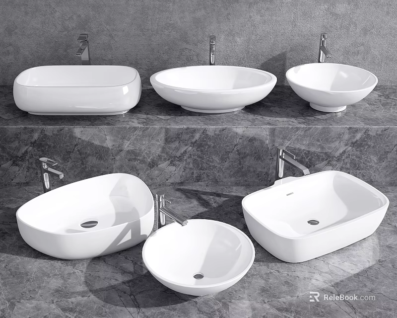 Various White Ceramic Washbasins In Different Styles With Faucets On Marble Countertop 3d model 