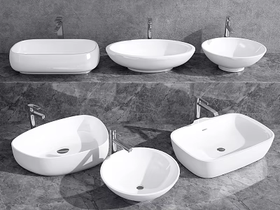 Various White Ceramic Washbasins In Different Styles With Faucets On Marble Countertop 3d model