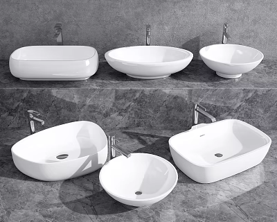 Various White Ceramic Washbasins In Different Styles With Faucets On Marble Countertop 3d model