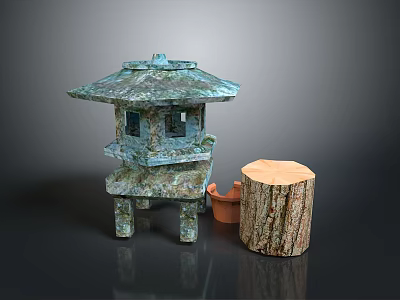 Traditional Copper Lantern Structure With Pagoda Roof Window Panels And Wooden Log Stump 3d model