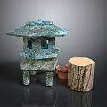 Traditional Copper Lantern Structure With Pagoda Roof Window Panels And Wooden Log Stump