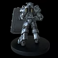 Silver Mechanical Game and Movie Robot Character With Shield Standing on Black Base