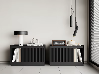 Modern Black Nightstands With Table Lamp Clock Books And Pendant Lights By Window 3d model