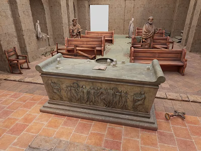 Ancient Chamber Interior With Stone Sarcophagus Wooden Statues And Carved Benches 3d model