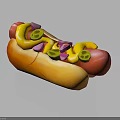 Golden Bun Hot Dog Topped with Yellow Mustard Green Pickles Purple Relish
