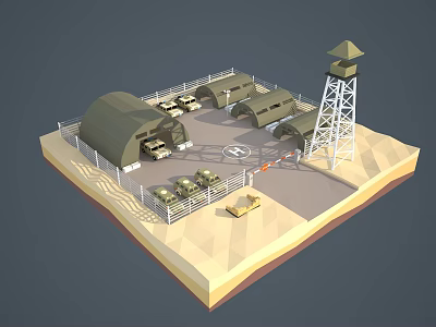 Cartoon Military Camp Scene with Green Tents Watchtower Fenced Area and Vehicles 3d model