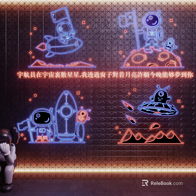 Space Theme Decorative Lights With Astronaut Rocket And Planets Neon Design 3d model