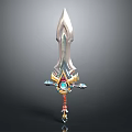 Ornate Fantasy Sword With Sharp Blade Blue Gemstone And Red Hilt Wrap