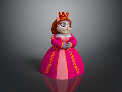 Royal Cat Princess Wearing Golden Crown Pink Dress With Yellow Patterns And Crossed Hands 3d model