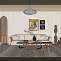 Elegant Classic Living Room Interior With Sofa Armchair Coffee Table Area Rug And Wall Art
