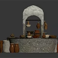 Traditional Stone Circular Pottery Workstation With Arch Top And Ceramic Pots Bowls