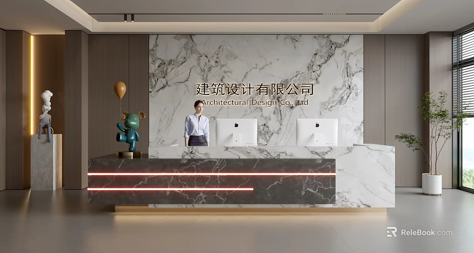 Modern Reception Desk Interior With Marble Surface And Computers For Architectural Design Company 3d model
