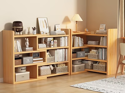 Wooden Bookshelf with Multiple Shelves Books Photo Frames Decorative Items Storage Boxes And Baskets 3d model