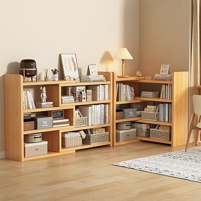 Wooden Bookshelf with Multiple Shelves Books Photo Frames Decorative Items Storage Boxes And Baskets 3d model