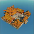 Traditional Chinese Ancient Architecture With Yellow Glazed Roofs Overhanging Eaves And Courtyard