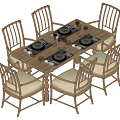 Wooden Dining Set With Six Rattan Chairs And Beige Seat Cushions