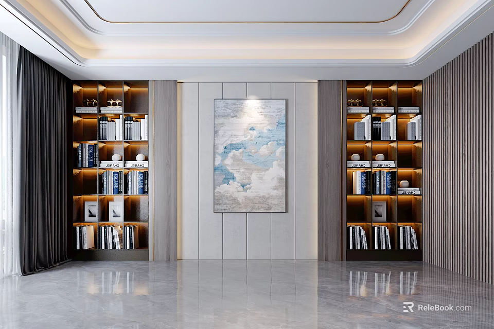 Modern Interior Design With Built in Bookcases LED Lighting Books Decorative Items And Wall Art 3d model 