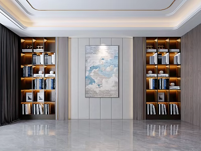 Modern Interior Design With Built in Bookcases LED Lighting Books Decorative Items And Wall Art 3d model
