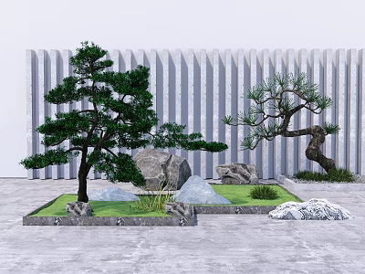 Courtyard Garden With Pine Trees Bonsai Rocks Green Grass And Striped Wall 3d model
