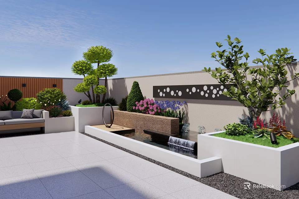 Roof Garden Landscape Design With Lush Trees Colorful Bushes Water Feature And Seating Area 3d model 