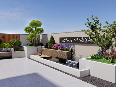 Roof Garden Landscape Design With Lush Trees Colorful Bushes Water Feature And Seating Area 3d model