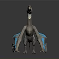 3D Rendered Fantasy Creature With Long Beak Large Eyes Gray Body And Blue Wings