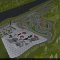 Aerial View Planning of Winding Race Track with Forest Water and Adjacent Building