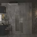 Modern Restaurant Interior With Large Windows Dining Tables Bar Counter Concrete Walls And Pendant Lights