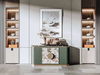Elegant Modern Entryway Console Table And Side Cabinets With Leather Finish Lighting And Decorative Items 3d model