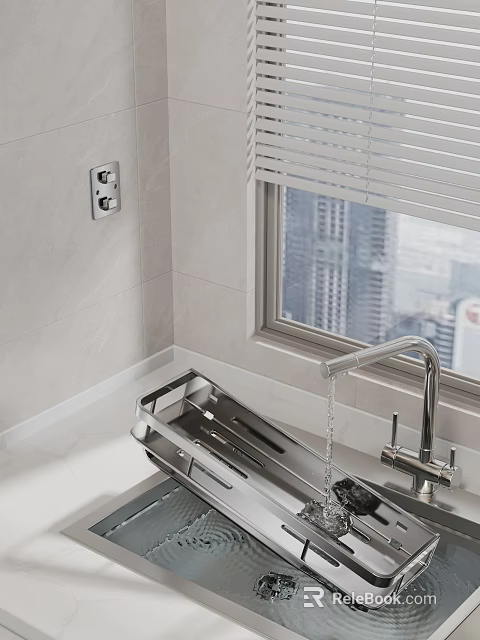 Sink Area In Kitchen With Running Faucet White Tiled Wall And City View Through Blinds 3d model 